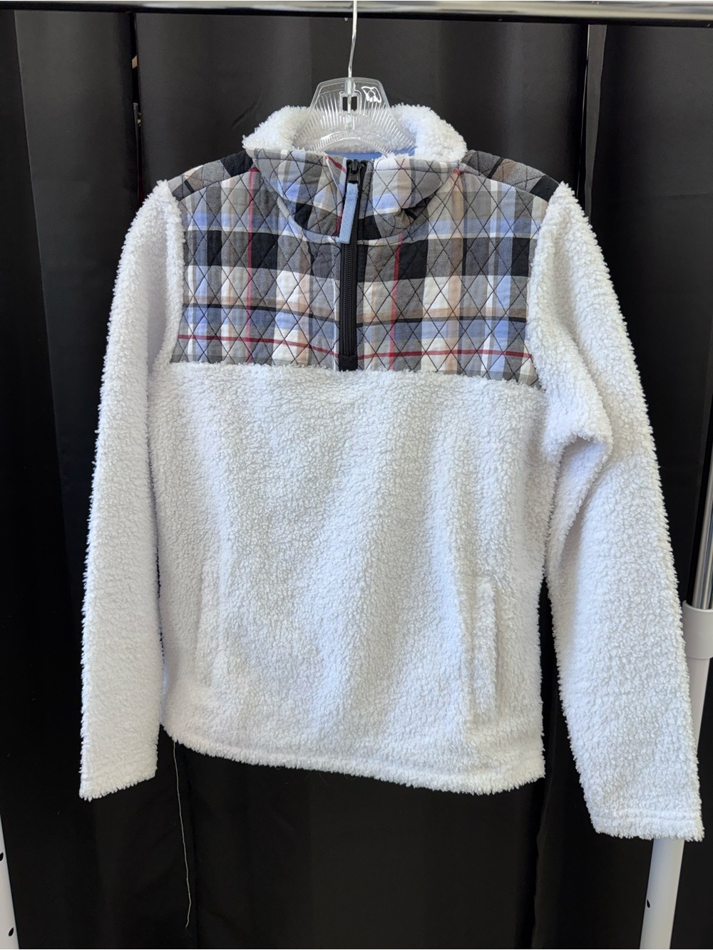 Vera Bradley White Sherpa Pullover with Gray Plaid Yoke